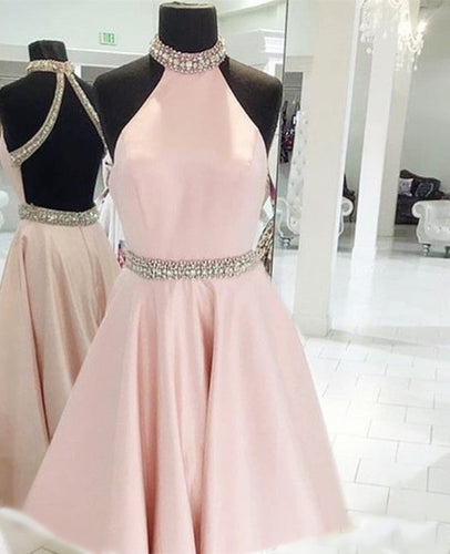 Crystal Beaded High Neck Short Pink Satin Homecoming Dresses-alinanova