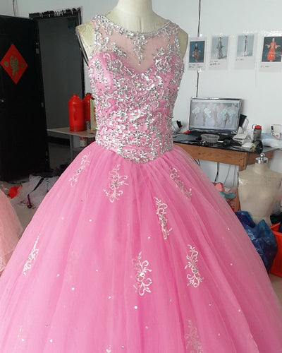 Crystal Beaded Scoop Neck Tulle Quinceanera Dresses Ball Gowns-alinanova