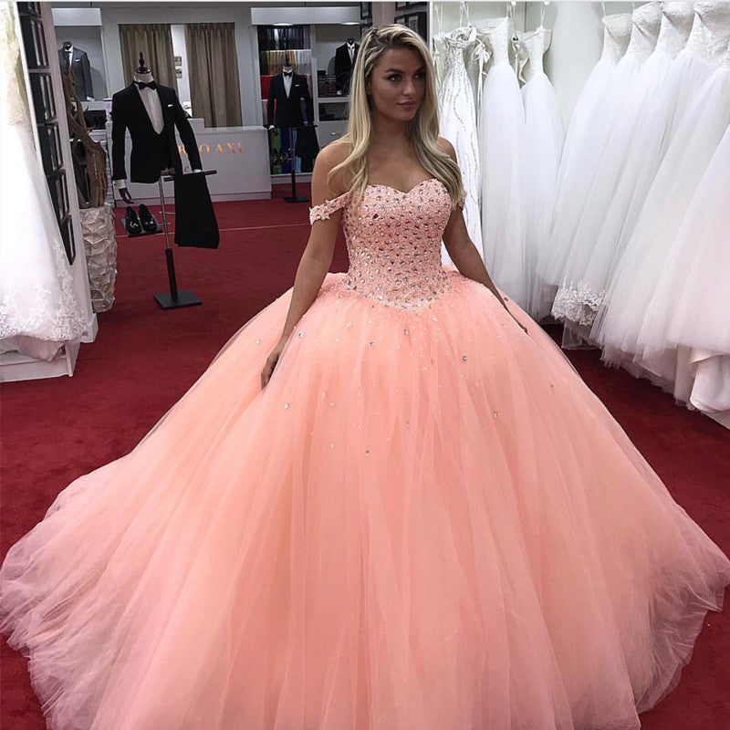 Crystal Beaded Sweetheart Off Shoulder Ball Gowns Coral Wedding Dresses