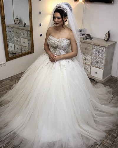 Crystal Beaded Sweetheart Tulle Wedding Dresses Ball Gowns-alinanova