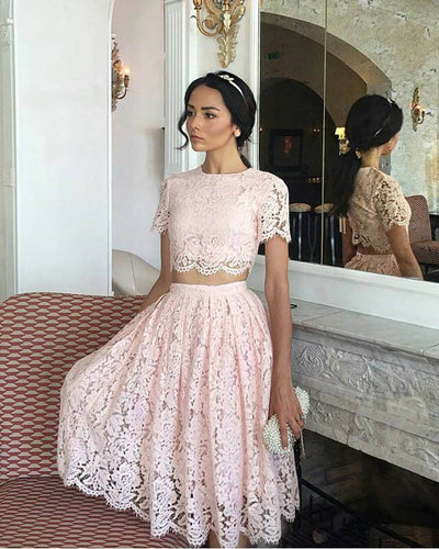 Cute Pink Lace Two Piece Prom Dress Short-alinanova