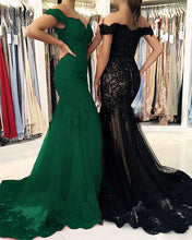 Load image into Gallery viewer, Tulle Appliques Mermaid Prom Dresses Off Shoulder
