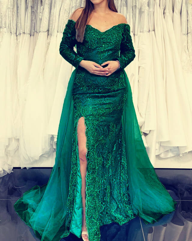 Dark Green Mermaid Lace Prom Dresses Off Shoulder-alinanova