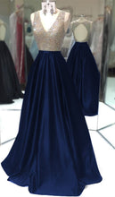 Load image into Gallery viewer, Deep V Neck Long Satin Keyhole Back Prom Dresses
