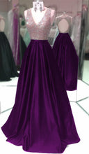Load image into Gallery viewer, Deep V Neck Long Satin Keyhole Back Prom Dresses
