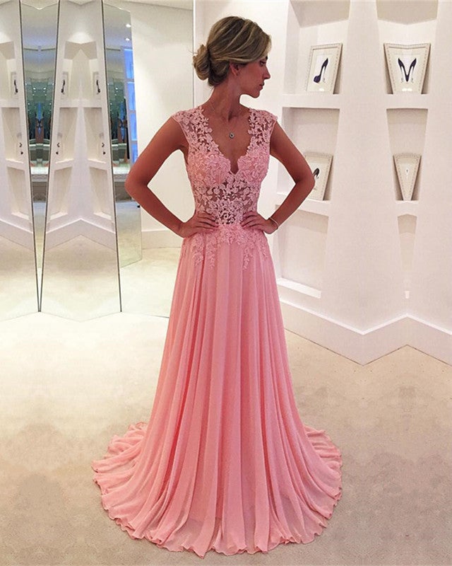 Deep V-neck Chiffon Prom Long Dresses Lace Appliques Back Evening Gown ...