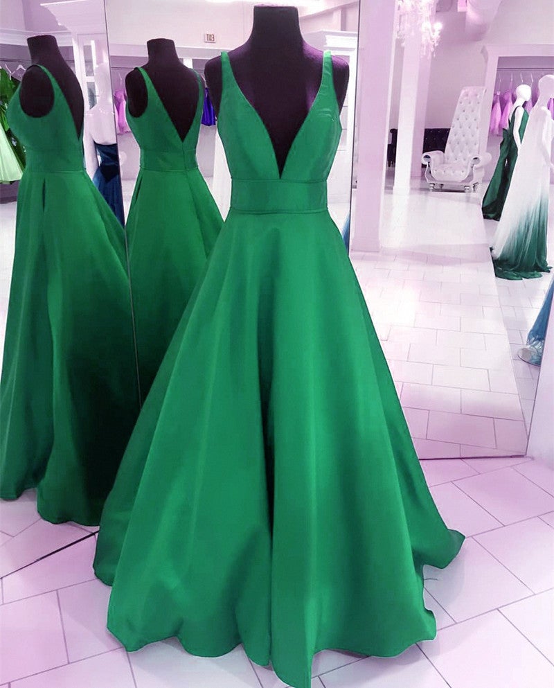Deep V-neck Long Satin Floor Length Ballgowns Prom Dresses – alinanova