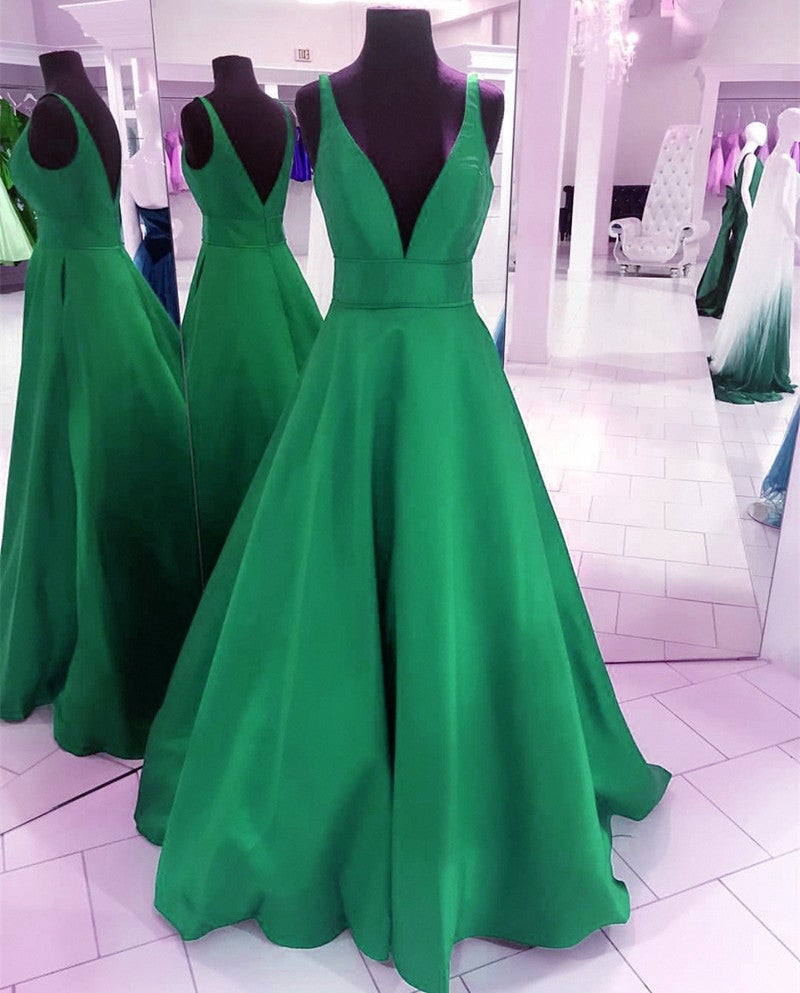 Deep V-Neck Long Satin Floor Length Ballgowns Prom Dresses