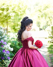 Load image into Gallery viewer, Burgundy-Wedding-Dresses-Ball-Gowns-Lace-Embroidery-V-neck-Off-The-Shoulder
