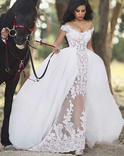 Detachable Skirt Mermaid Wedding Lace Dress