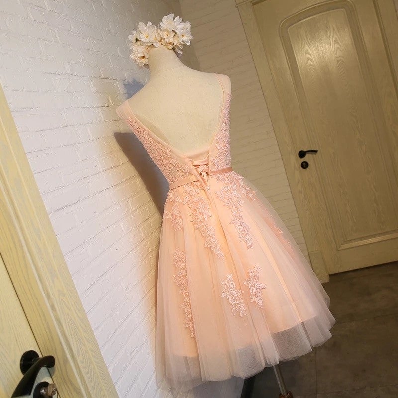 Double V Neck Short Coral Bridesmaid Dresses Lace Appliques – alinanova