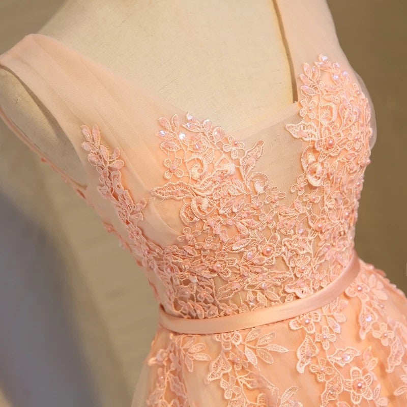 Double V Neck Short Coral Bridesmaid Dresses Lace Appliques – alinanova