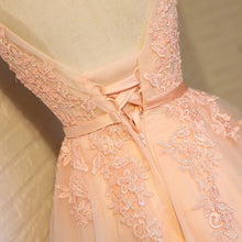 Load image into Gallery viewer, Double V Neck Short Coral Bridesmaid Dresses Lace Appliques
