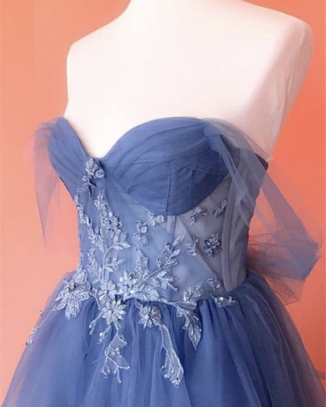 Dusty Blue Prom Dresses Tulle Corset Appliques Dusty Blue Prom Dresses Tulle Corset Appliques