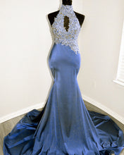 Load image into Gallery viewer, Magenta Mermaid Lace Applique Halter Prom Dresses
