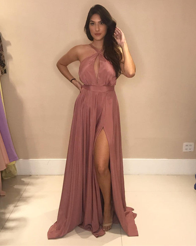 Long Halter Chiffon Bridesmaid Dresses Leg Slit
