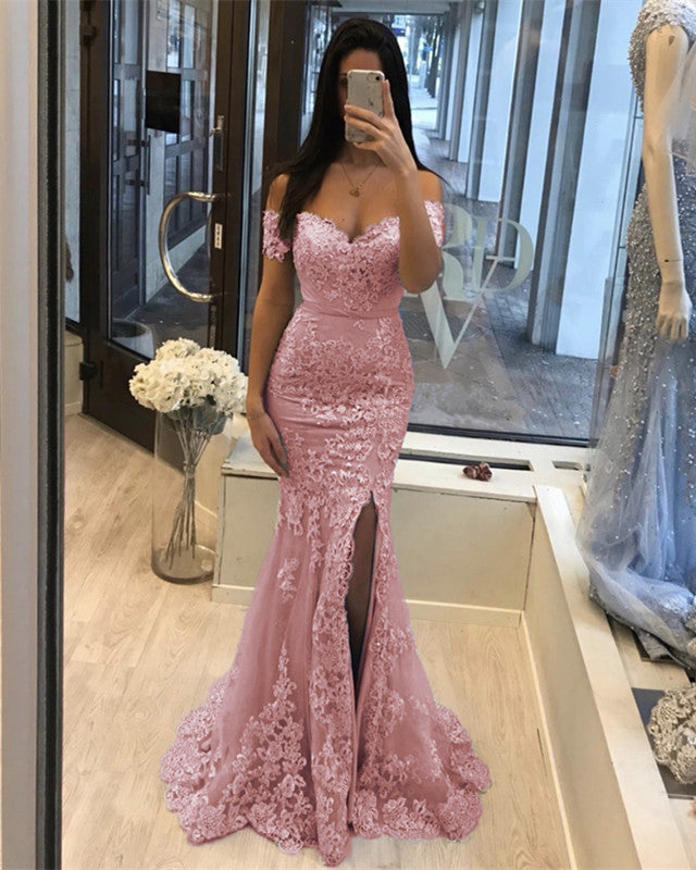 Off The Shoulder Lace Mermaid Prom Dresses with Slit Off The Shoulder Lace Mermaid Prom Dresses with Slit