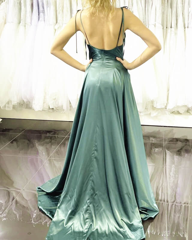 Dusty Sage Satin Dress Cowl Neck Split Dusty Sage Satin Dress Cowl Neck Split