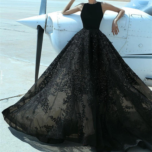 Elegant A Line Black Lace Floor Length Prom Dresses-alinanova