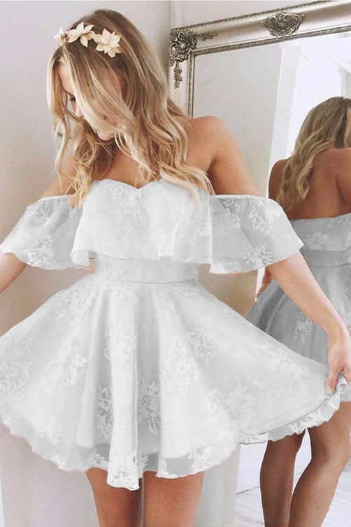 White Ruffles Short Mini Off The Shoulder Homecoming Dress White Ruffles Short Mini Off The Shoulder Homecoming Dress