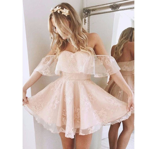Elegant A Line Off Shoulder Lace Prom Short Dresses Ruffles Homecoming Dresses-alinanova