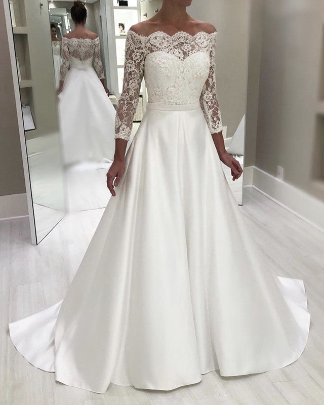 A Line Satin Off Shoulder Wedding Dresses With Lace Sleeves  alinanova