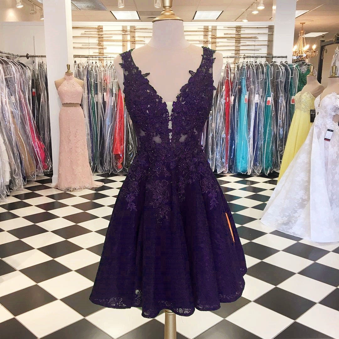 Elegant A-line Deep V-neck Lace Homecoming Dresses Short Cocktail Party Dress Elegant A-line Deep V-neck Lace Homecoming Dresses Short Cocktail Party Dress
