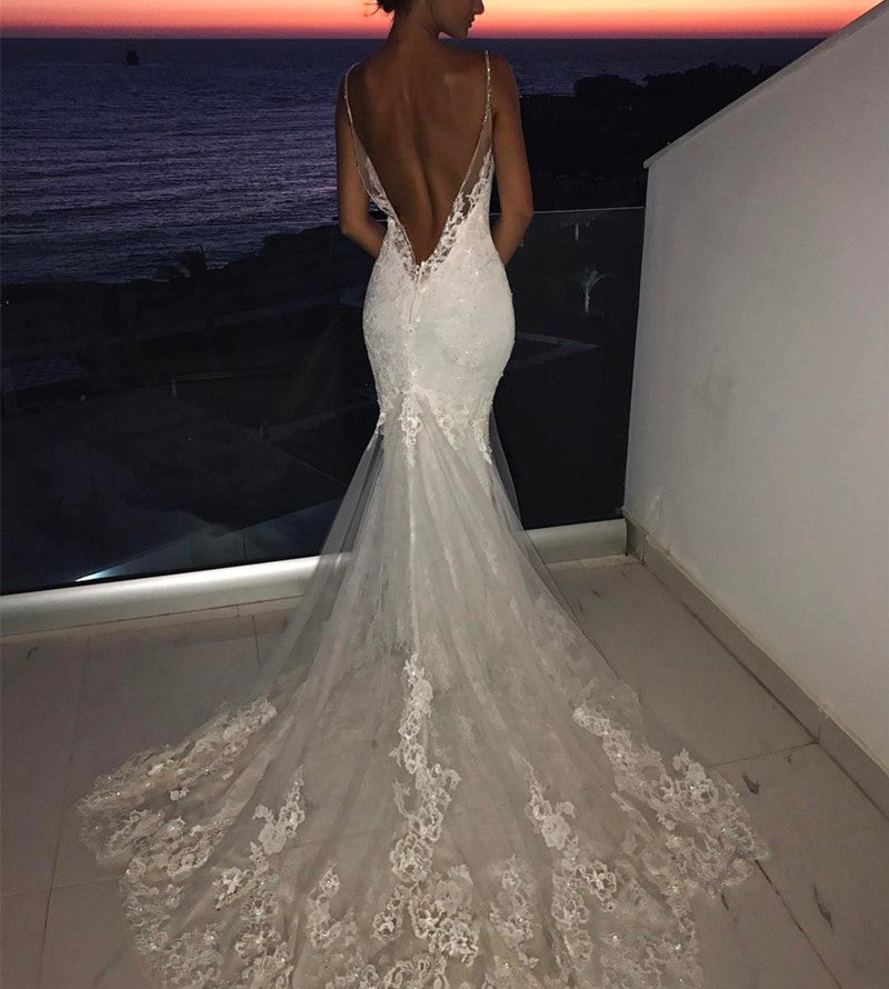 navy blue dress for baby girl Ivory Beaded Lace Beach Wedding Dresses Backless A Line V Neck Bridal Dress AWD1301