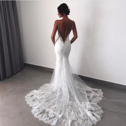 Elegant Backless Lace V-neck Mermaid Wedding Dresses-alinanova