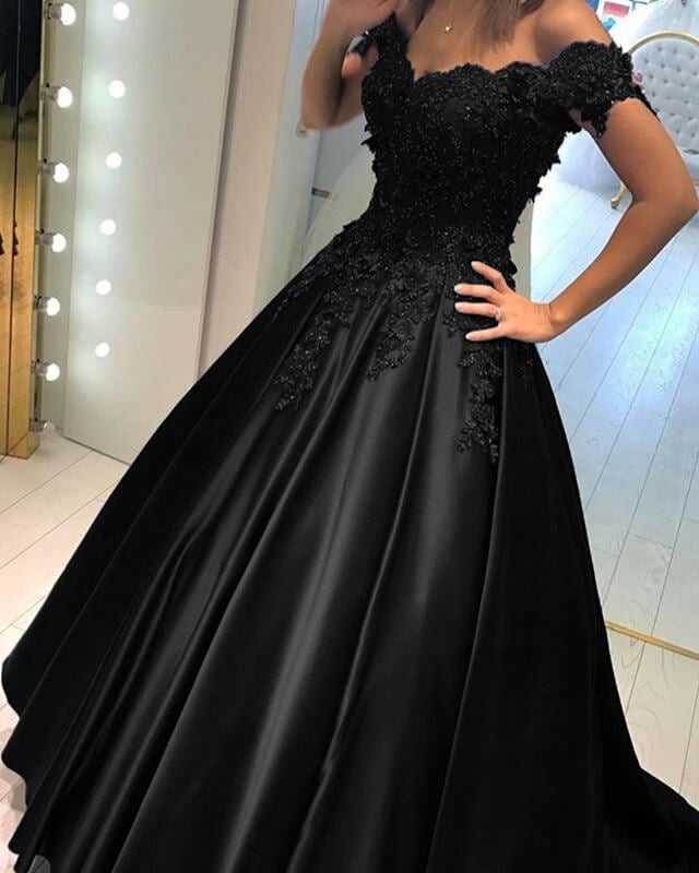 Elegant Ball Gown Prom Dresses Lace Flowers Beaded Off The Shoulder ...