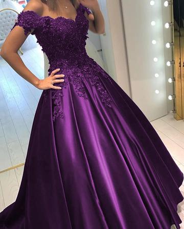 Elegant Ball Gown Prom Dresses Lace Flowers Beaded Off The Shoulder ...