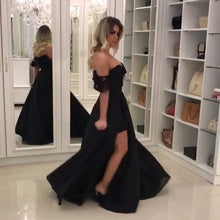 Load image into Gallery viewer, Elegant Black Lace Off The Shoulder Prom Dresses With Leg Slit
