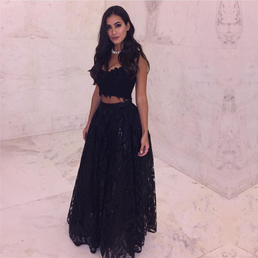 Two piece black lace prom dress clearance
