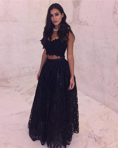 Black Two Piece Lace Prom Dress