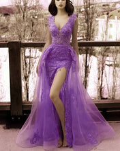 Load image into Gallery viewer, Elegant Cap Sleeves V-neck Lace Mermaid Evening Dresses With Split
