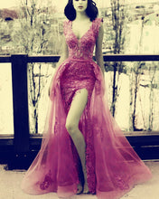 Load image into Gallery viewer, Elegant Cap Sleeves V-neck Lace Mermaid Evening Dresses With Split
