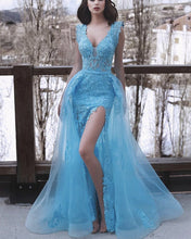 Load image into Gallery viewer, Elegant Cap Sleeves V-neck Lace Mermaid Evening Dresses With Split-alinanova
