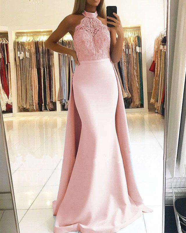 Elegant Halter Lace Mermaid Satin Floor Length Prom Dresses Elegant Halter Lace Mermaid Satin Floor Length Prom Dresses