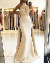 Load image into Gallery viewer, Elegant Halter Lace Mermaid Satin Floor Length Prom Dresses
