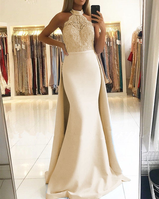 Elegant Halter Lace Mermaid Satin Floor Length Prom Dresses