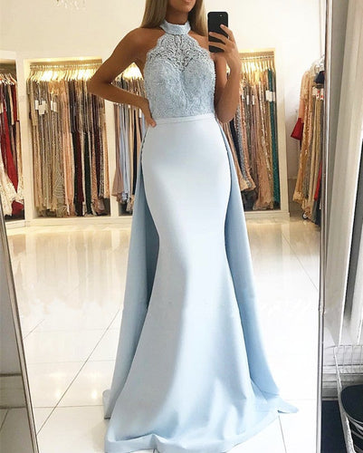 Elegant Halter Lace Mermaid Satin Floor Length Prom Dresses-alinanova