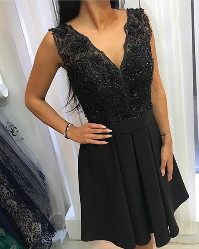 Elegant Homecoming Dresses Lace V Neck Nude Back-alinanova