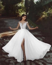 Load image into Gallery viewer, Elegant Lace Appliques Cap Sleeves Chiffon Wedding Dresses With Leg Slit
