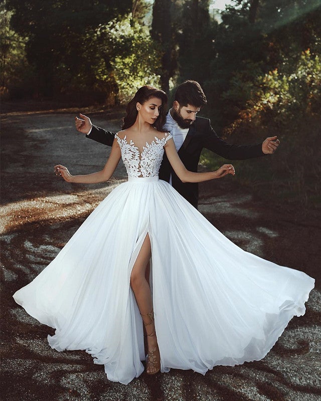 Elegant Lace Appliques Cap Sleeves Chiffon Wedding Dresses For Bride – alinanova Elegant Lace Appliques Cap Sleeves Chiffon Wedding Dresses For Bride – alinanova
