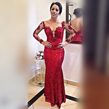 Load image into Gallery viewer, Elegant Lace Appliques Long Sleeves Sequin Prom Dresses Mermaid Evening Gowns
