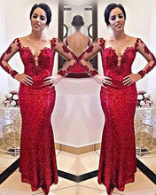 Load image into Gallery viewer, Red Sequin Mermaid Prom Dresses Long Sleeves
