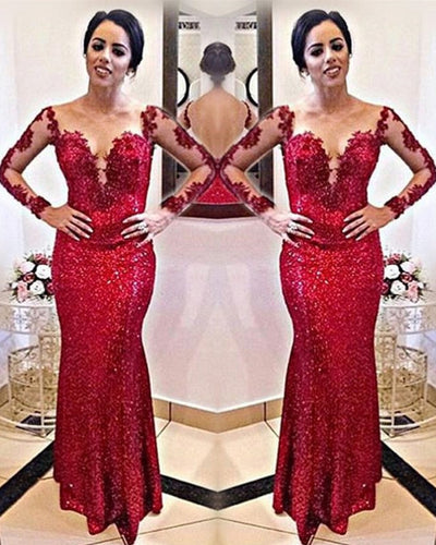 Red Sequin Mermaid Prom Dresses Long Sleeves