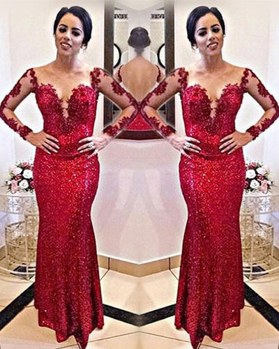 Red Sequin Mermaid Prom Dresses Long Sleeves