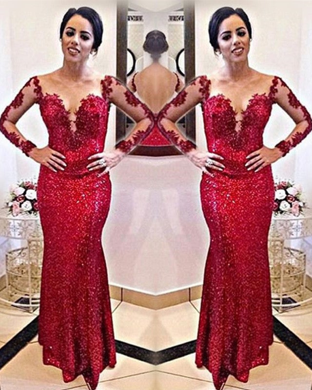 Red Sequin Mermaid Prom Dresses Long Sleeves