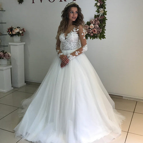 Elegant Lace Appliques Long Sleeves Wedding Dresses Ball Gowns-alinanova